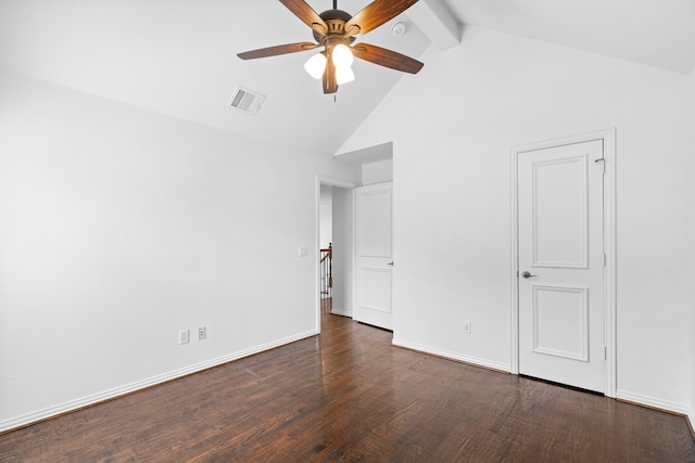 6154 Vickery Blvd, Dallas, TX 75214 - unfurnished bedroom featuring beamed ceiling, dark wood-style flooring, high vaulted ceiling, and ceiling fan