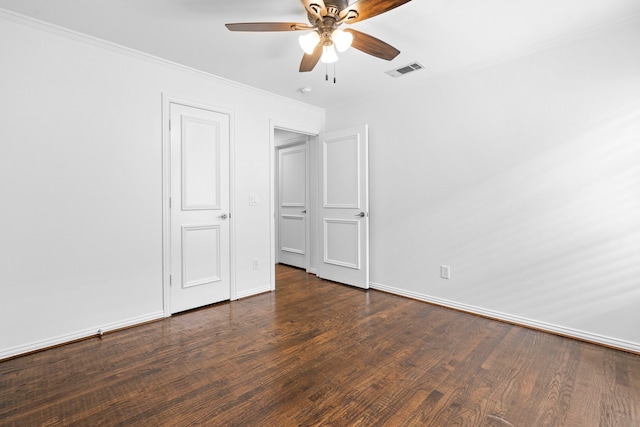 6154 Vickery Blvd, Dallas, TX 75214 - unfurnished bedroom featuring dark wood-style flooring, crown molding, and a ceiling fan