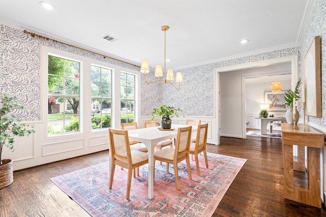 6154 Vickery Blvd, Dallas, TX 75214 - dining room featuring wallpapered walls, crown molding, a chandelier, a wainscoted wall, and wood finished floors