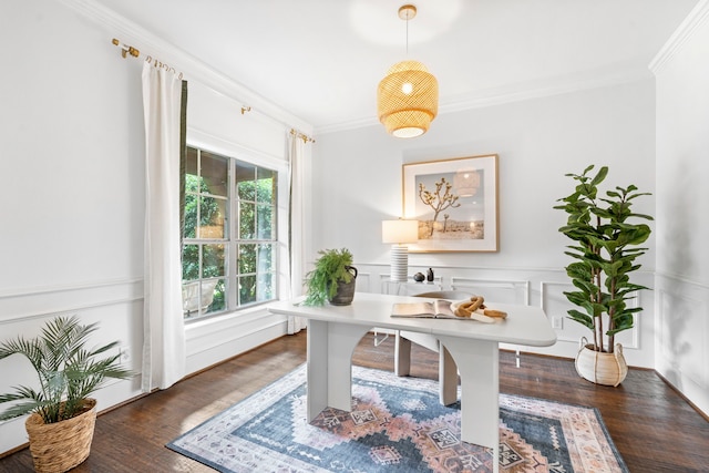 6154 Vickery Blvd, Dallas, TX 75214 - office featuring crown molding, wood finished floors, a wainscoted wall, and a decorative wall