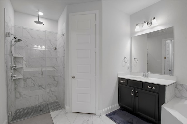 11504 Dawn Mist Dr, Frisco, TX 75035 - full bath featuring marble finish floors, a stall shower, vanity, and a garden tub