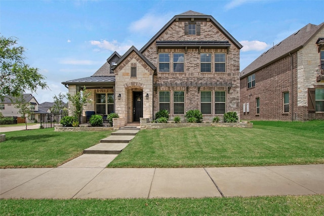 11504 Dawn Mist Dr, Frisco, TX 75035 - view of front of home with a standing seam roof, a front yard, brick siding, stone siding, and a metal roof