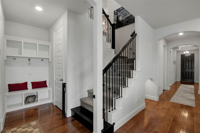 11504 Dawn Mist Dr, Frisco, TX 75035 - mudroom with arched walkways, wood finished floors, and recessed lighting