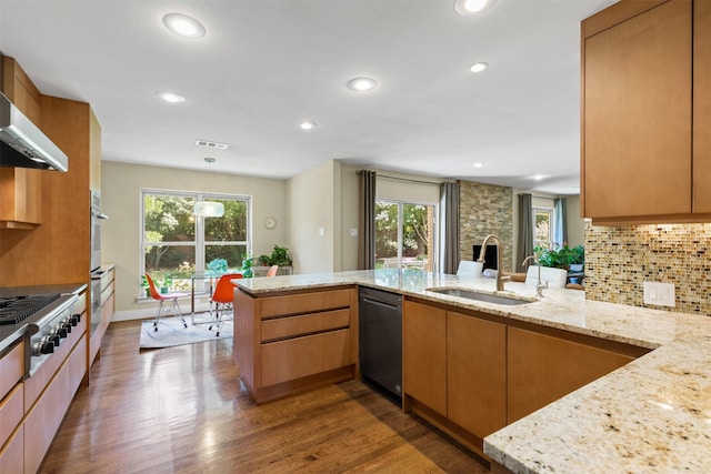 4247 Goodfellow Dr, Dallas, TX 75229 - kitchen featuring dishwasher, stainless steel gas cooktop, dark wood-style floors, tasteful backsplash, and light stone countertops