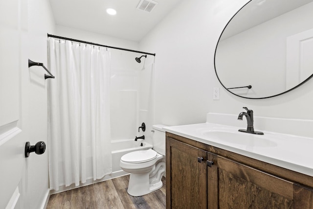 293 Private Road 36008, Honey Grove, TX 75446 - full bath with vanity, shower / bath combination with curtain, wood finished floors, and recessed lighting