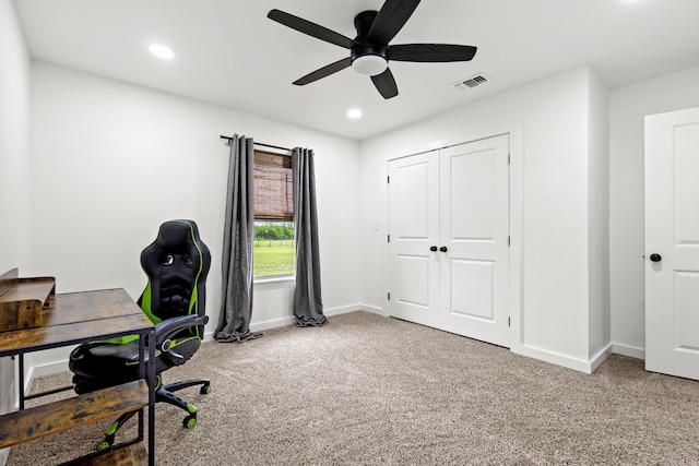 293 Private Road 36008, Honey Grove, TX 75446 - carpeted home office featuring a ceiling fan and recessed lighting