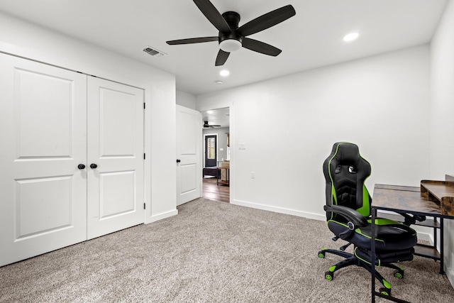 293 Private Road 36008, Honey Grove, TX 75446 - carpeted home office featuring ceiling fan and recessed lighting