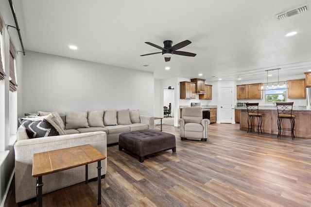 293 Private Road 36008, Honey Grove, TX 75446 - living room featuring dark wood finished floors, recessed lighting, and a ceiling fan