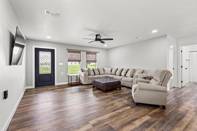 293 Private Road 36008, Honey Grove, TX 75446 - living area featuring ceiling fan, dark wood finished floors, and recessed lighting