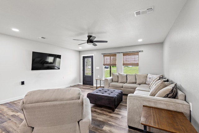 293 Private Road 36008, Honey Grove, TX 75446 - living room with a ceiling fan, wood finished floors, and recessed lighting