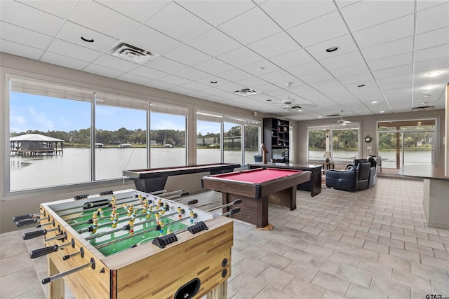 13735 Peninsula Rd, Whitehouse, TX 75791 - rec room with billiards table, a water view, and a paneled ceiling