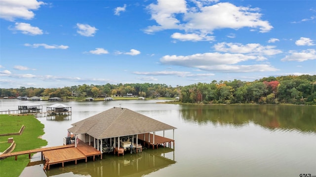 13735 Peninsula Rd, Whitehouse, TX 75791 - dock area with boat lift, a water view, and a wooded view