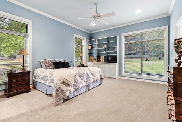 13735 Peninsula Rd, Whitehouse, TX 75791 - bedroom with light colored carpet, multiple windows, ornamental molding, ceiling fan, and recessed lighting