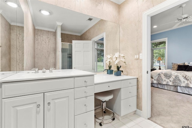 13735 Peninsula Rd, Whitehouse, TX 75791 - full bathroom with crown molding, vanity, a stall shower, tile patterned floors, and ceiling fan