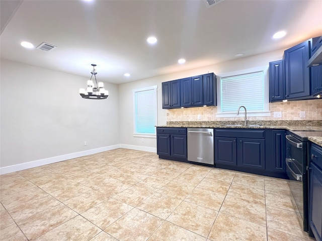 104 Kimberly St, Sulphur Springs, TX 75482 - kitchen featuring stainless steel dishwasher, backsplash, blue cabinets, a chandelier, and recessed lighting