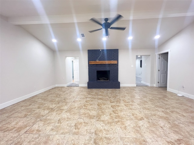 104 Kimberly St, Sulphur Springs, TX 75482 - unfurnished living room with a ceiling fan and a brick fireplace