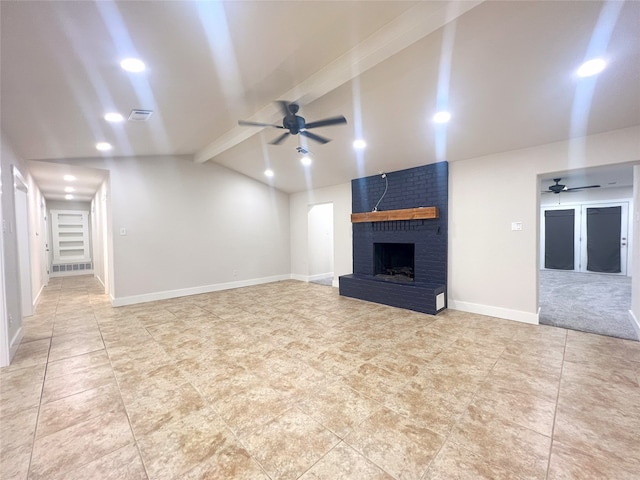 104 Kimberly St, Sulphur Springs, TX 75482 - unfurnished living room featuring ceiling fan, a fireplace, recessed lighting, and light tile patterned floors