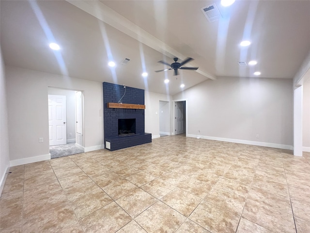 104 Kimberly St, Sulphur Springs, TX 75482 - unfurnished living room with a ceiling fan, a fireplace, light tile patterned floors, and recessed lighting