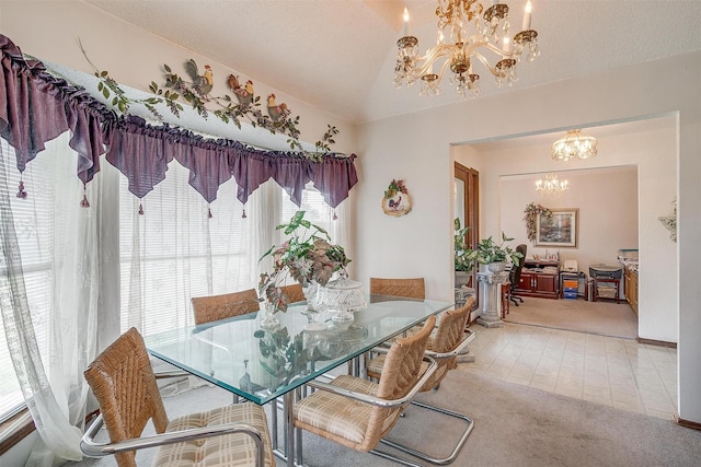 1000 Meadow Hill Rd, Fort Worth, TX 76108 - carpeted dining room with a chandelier and vaulted ceiling