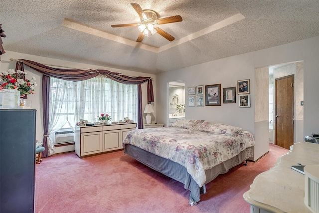 1000 Meadow Hill Rd, Fort Worth, TX 76108 - bedroom with a textured ceiling, light colored carpet, a raised ceiling, and a ceiling fan