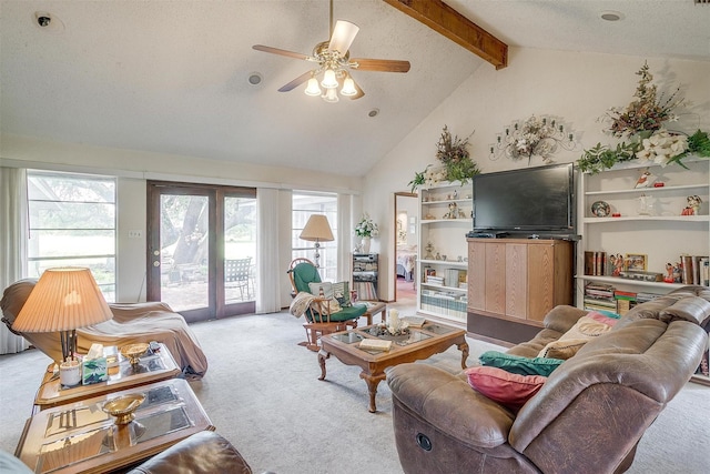 1000 Meadow Hill Rd, Fort Worth, TX 76108 - living room with light colored carpet, healthy amount of natural light, beam ceiling, a ceiling fan, and high vaulted ceiling
