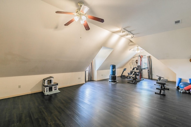 3148 Fm 66, Waxahachie, TX 75167 - workout room featuring ceiling fan, wood finished floors, and lofted ceiling