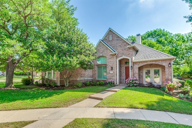 3506 Ash Cir, Richardson, TX 75082 - view of front of home featuring a front yard, a chimney, brick siding, and roof with shingles