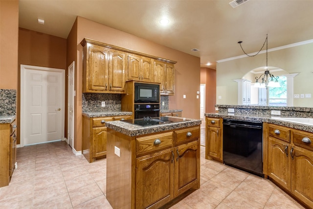 3506 Ash Cir, Richardson, TX 75082 - kitchen featuring black appliances, backsplash, a center island, light tile patterned floors, and ornamental molding