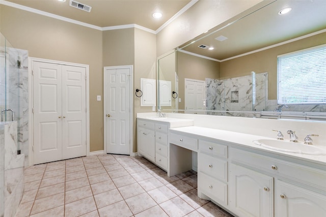 3506 Ash Cir, Richardson, TX 75082 - bathroom with double vanity, a marble finish shower, ornamental molding, tile patterned floors, and a tub to relax in