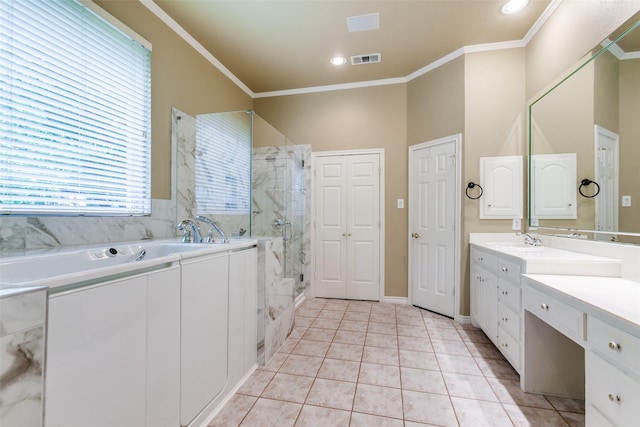 3506 Ash Cir, Richardson, TX 75082 - bathroom featuring a marble finish shower, a garden tub, vanity, crown molding, and tile patterned flooring