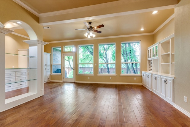 3506 Ash Cir, Richardson, TX 75082 - unfurnished room with ornate columns, crown molding, ceiling fan, hardwood / wood-style flooring, and recessed lighting