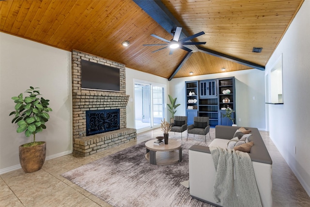 1902 Vassar Dr, Richardson, TX 75081 - tiled living area featuring wooden ceiling, a fireplace, and a ceiling fan