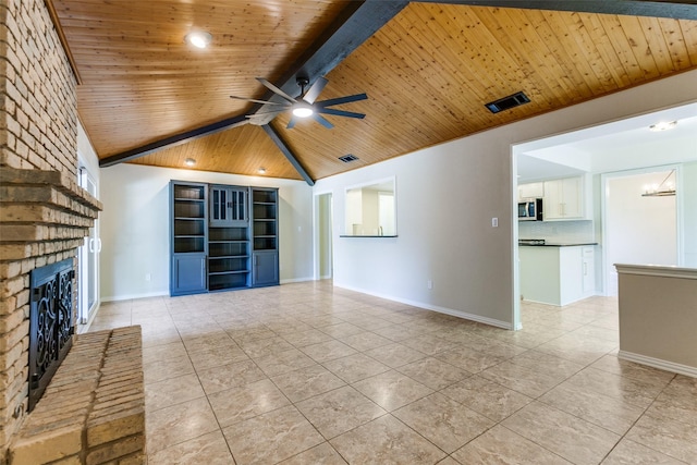 1902 Vassar Dr, Richardson, TX 75081 - unfurnished living room with light tile patterned floors, wooden ceiling, a brick fireplace, and ceiling fan