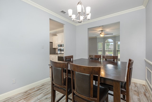 838 Bear Branch Ct, Rockwall, TX 75087 - dining space featuring a chandelier, light wood finished floors, crown molding, and ceiling fan