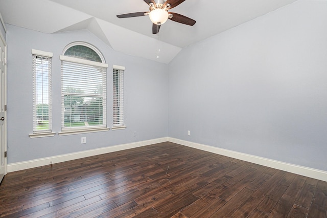 838 Bear Branch Ct, Rockwall, TX 75087 - empty room with dark wood-style floors, a ceiling fan, and lofted ceiling