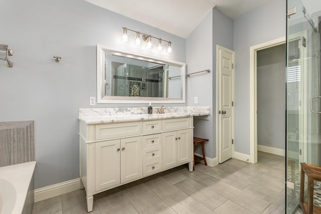 838 Bear Branch Ct, Rockwall, TX 75087 - full bath featuring vanity, a shower stall, a bathtub, and wood finished floors
