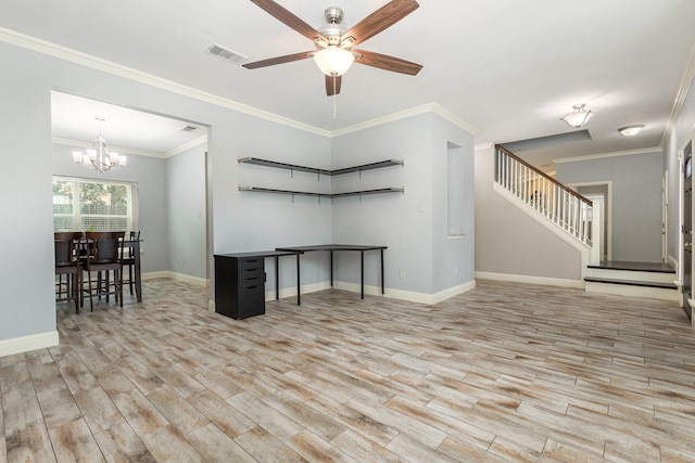 838 Bear Branch Ct, Rockwall, TX 75087 - living room with stairway, wood finished floors, ceiling fan, a chandelier, and crown molding