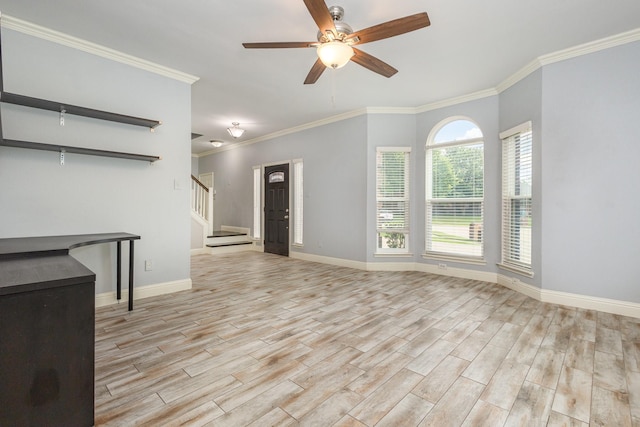 838 Bear Branch Ct, Rockwall, TX 75087 - unfurnished living room featuring light wood-type flooring, stairs, ornamental molding, and ceiling fan
