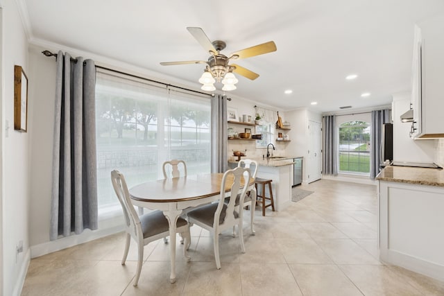 312 Bluffview Ct, Forney, TX 75126 - dining area with ceiling fan, recessed lighting, ornamental molding, and light tile patterned flooring