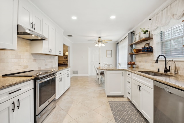 312 Bluffview Ct, Forney, TX 75126 - kitchen with stainless steel appliances, under cabinet range hood, decorative backsplash, white cabinets, and a peninsula