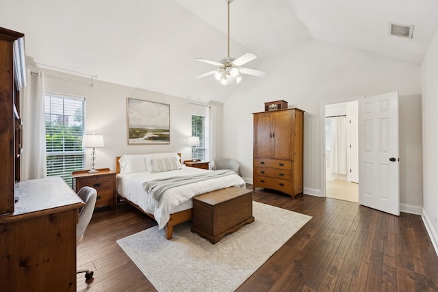 312 Bluffview Ct, Forney, TX 75126 - bedroom featuring multiple windows, dark wood finished floors, high vaulted ceiling, and a ceiling fan