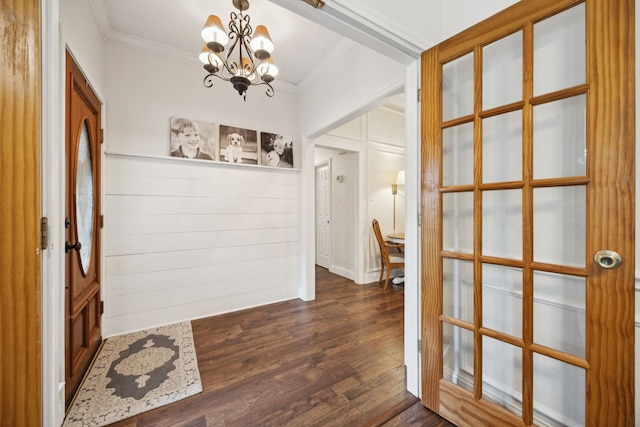 312 Bluffview Ct, Forney, TX 75126 - entrance foyer featuring a chandelier, ornamental molding, dark wood-style floors, and french doors