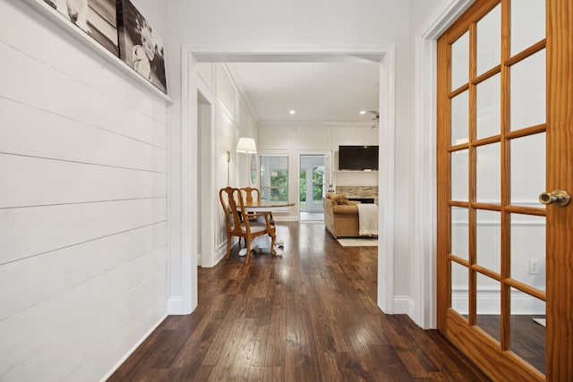 312 Bluffview Ct, Forney, TX 75126 - corridor with dark wood-style flooring, crown molding, and recessed lighting