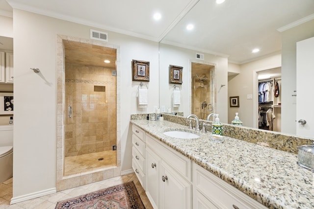 6227 Bandera Ave Unit D, Dallas, TX 75225 - bathroom featuring a shower stall, vanity, crown molding, a spacious closet, and recessed lighting
