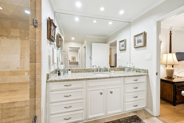 6227 Bandera Ave Unit D, Dallas, TX 75225 - full bath featuring vanity, crown molding, a tile shower, and recessed lighting