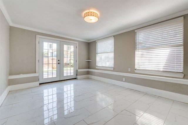 11329 Mccree Rd, Dallas, TX 75238 - empty room featuring marble look tile flooring, french doors, crown molding, and healthy amount of natural light