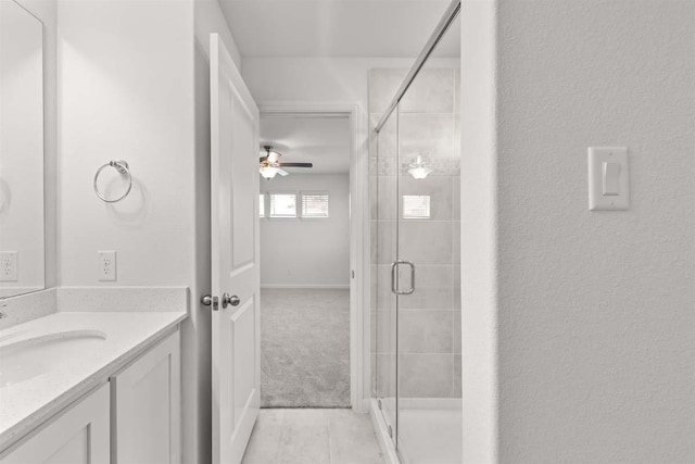 212 Griffith Dr, Princeton, TX 75407 - bathroom featuring vanity, a stall shower, ceiling fan, and tile patterned floors