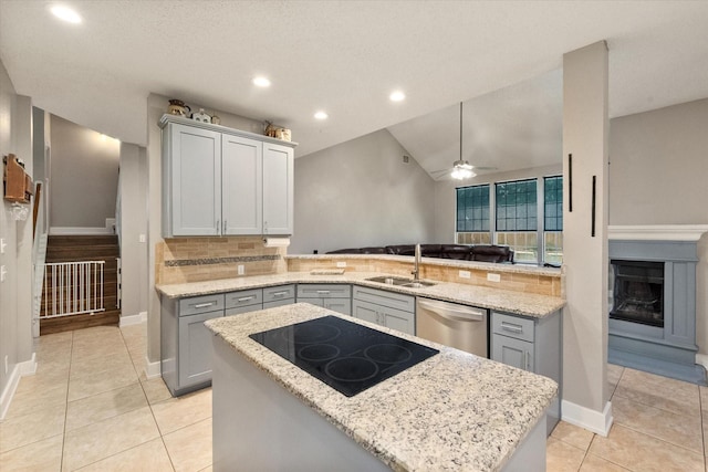 2213 Laura Elizabeth Trl, Mansfield, TX 76063 - kitchen featuring stainless steel dishwasher, black electric stovetop, gray cabinets, a peninsula, and recessed lighting
