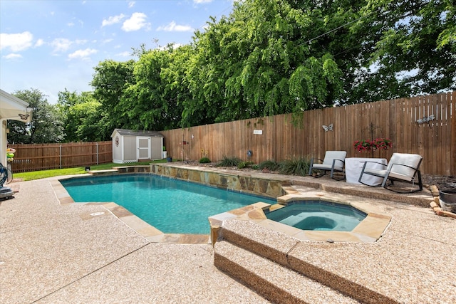 2213 Laura Elizabeth Trl, Mansfield, TX 76063 - view of swimming pool with a shed, an in-ground hot tub, a patio, and a fenced backyard