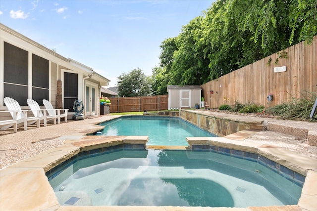 2213 Laura Elizabeth Trl, Mansfield, TX 76063 - view of pool featuring a fenced backyard, a storage unit, a pool with connected hot tub, french doors, and a patio area
